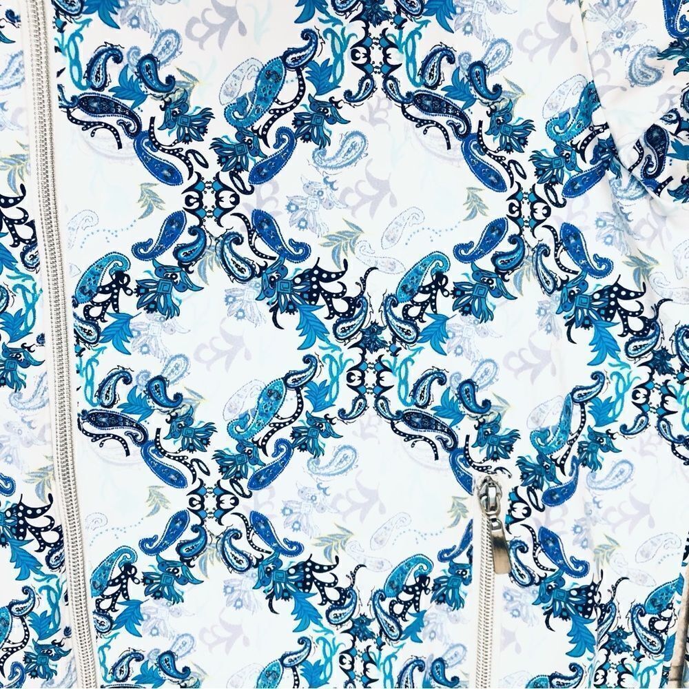 NEW Lulu-B UPF 50 Blue White Geometric Parsley Print Smooth Full Zip Jacket - Picture 3 of 13